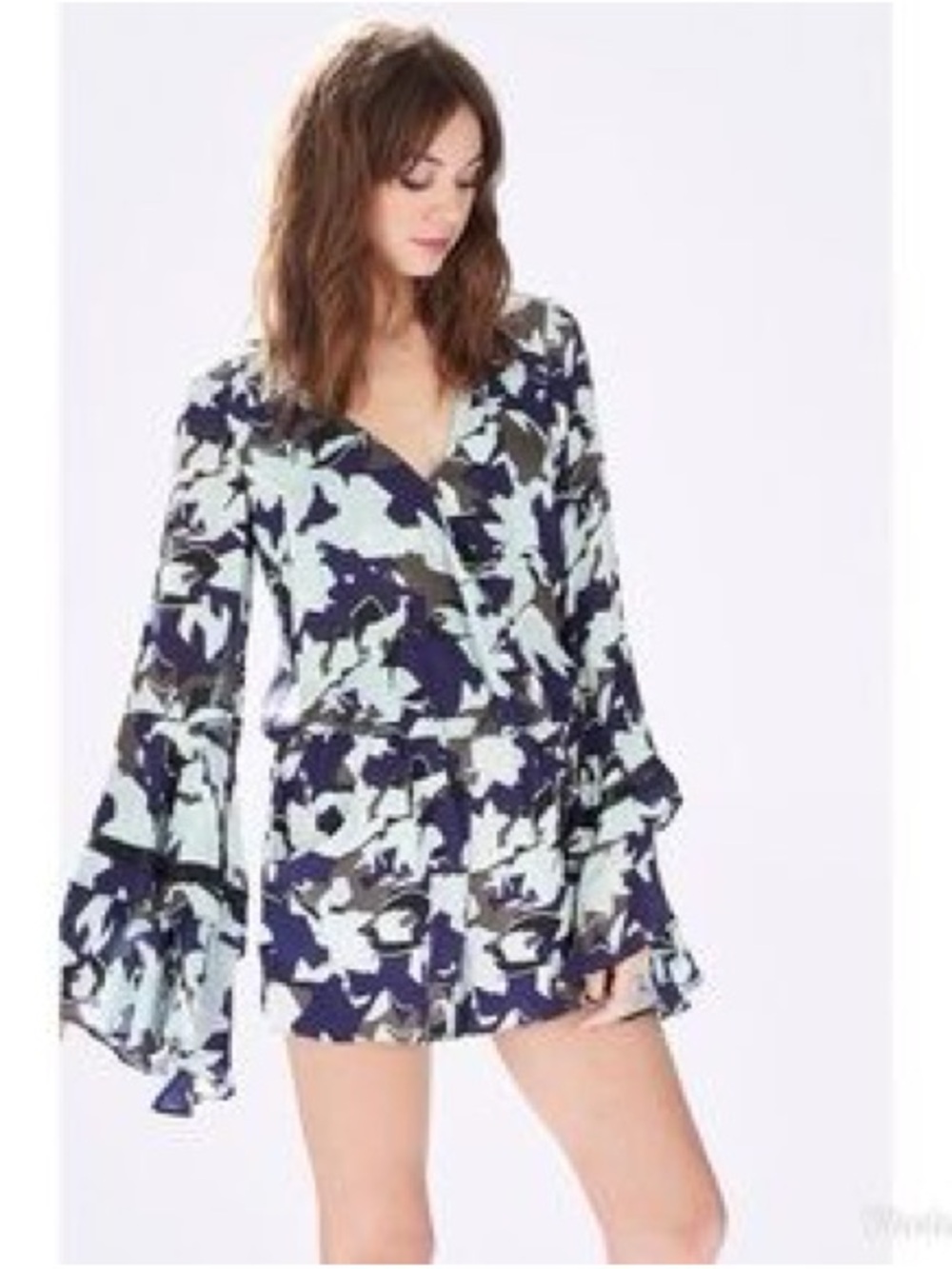 Parker Open‑Back Wrap Romper – Blue/Gray Abstract Print (S)